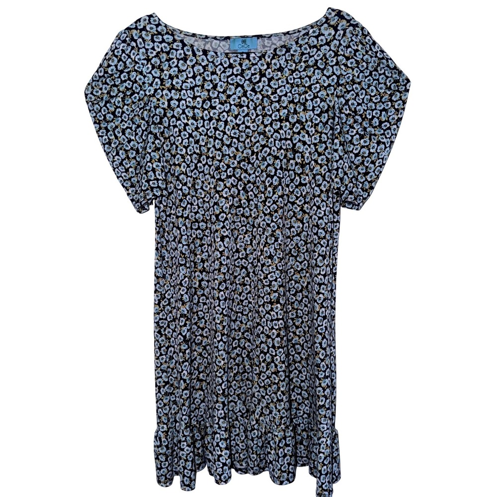 CeCe Ditsy Floral Puff Sleeve Dress Size Medium Blue Ruffle Hem Cottagecore Boho